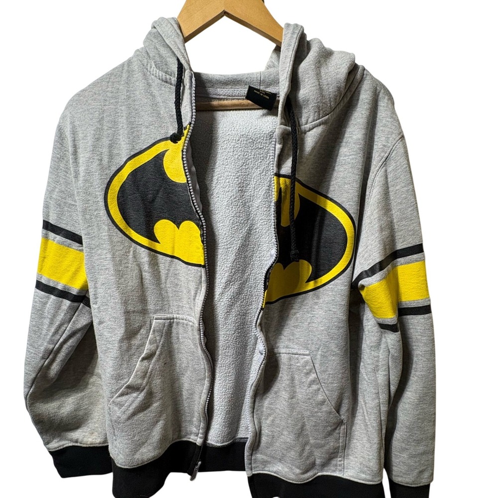 Batman DC Comics Full Zip Hoodie Youth Size 12 Gray Yellow Bat Signal Fleece